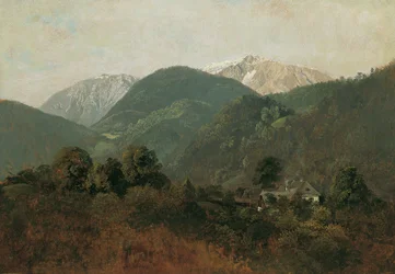 Utsikt från Scheuchenstein till Gauermannhof med Schneeberg i bakgrunden