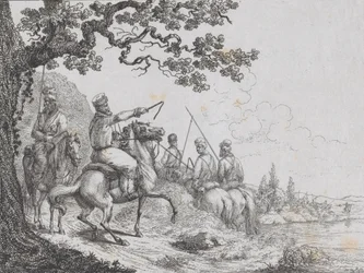 Kosacker rider längs en flodstrand, 1814.