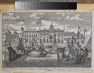 Plan över Genua som visar den kungliga bron, den nya bron i Mercanzia och St. George-palatset sett från havet, ca 1750 (gravyr)
