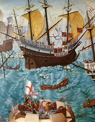 Ombordstigning av Henry VIII 1491-1547 ombord på Henry Grace a Dieu 1520, kopierad från en målning av Vincent Volpi olja på duk detalj från 148771