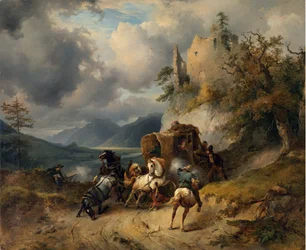Rånet av Gauermann, Friedrich August Matthias (1807-1862). Olja på duk, storlek: 60,5x74