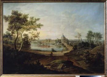 ""Utsikt över det kungliga palatset i Oranienbaum, nuvarande Lomonossov i Ryssland"" (Utsikt över det stora palatset i Oranienbaum) Byggt av arkitekten Antonio Rinaldi för kejsarinnan Katarina II den stora. Målning av Friedrich Hartmann Barisien (1724-1796