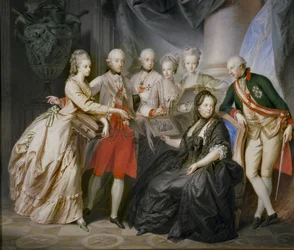 Kejsarinnan Maria Theresia omgiven av sina barn i änkevädret efter sin makes, kejsar Franz Stephans, död ... (målning på duk)