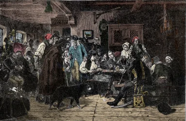 Schlesiens krig: Rekrytering till den schlesiska armén - Schlesienkrigen (1740-1763): Rekrytering av trupperna från Fredrik II av Preussen, känd som den store (1712-1786) - 1882 - Träsnitt av Hiddemann, Friedrich (1829-1892)