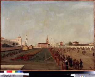 Röda torget i Moskva. Målning av Friedrich Hilferding (1710-1798), olja på duk, ca 1780. Tysk 1700-talskonst. Ryska statens museum, Sankt Petersburg.
