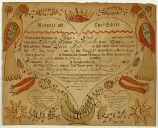 Födelse- och dopbevis, c. 1790-1800 (oxgall tusch, akvarell och gravyr på lagt papper)