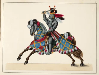En riddare i en turnering, platta från "A History of the Development and Customs of Chivalry", av Dr. Franz Kottenkamp, utgiven av Carl Hoffmann, 1842.