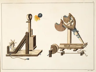 Sling med "grekisk eld", platta från "A History of the Development and Customs of Chivalry", av Dr. Franz Kottenkamp, utgiven av Carl Hoffmann, 1842.
