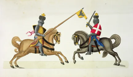 Två riddare i en turnering, platta från "A History of the Development and Customs of Chivalry", av Dr. Franz Kottenkamp, utgiven av Carl Hoffmann, 1842.
