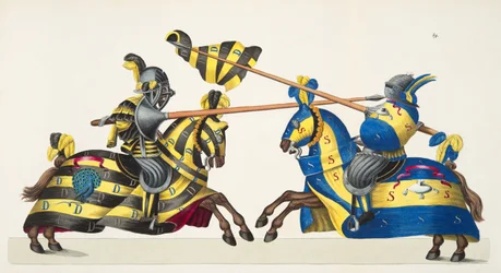 Två riddare i en turnering, platta från "A History of the Development and Customs of Chivalry", av Dr. Franz Kottenkamp, utgiven av Carl Hoffmann, 1842.