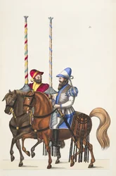 Två ryttare vid en turnering, platta från "A History of the Development and Customs of Chivalry", av Dr. Franz Kottenkamp, utgiven av Carl Hoffmann, 1842.