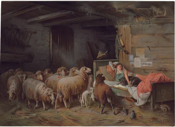 Tavla som visar en herde som sover med sin hund, en obevakad flock vid hans sida, sent 1800 - tidigt 1900-tal