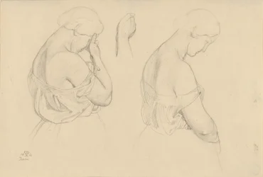 Två kvinnofigurer i halvfigur och en studie av en hand