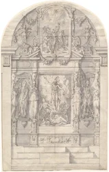 Ett utarbetat altare med Kristi uppståndelse och Saint Andrews martyrskap