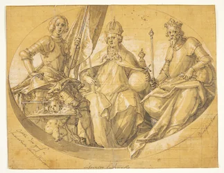 Utkast till en oval takmålning(?) föreställande kungarna Otto den store (912-973), Ludvig den Store (1417-1479) och Ruprecht (1352-1410)