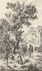 Odysseus på besök hos sin far Laertes (gravyr)
