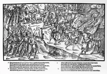 Ett beväpnat kompani av kerne, med hellebarder och pikar och ledda av en piper, attackerar och bränner en bondgård och driver bort hästar och boskap, plansch 2 ur "The Image of Ireland" av John Derricke
