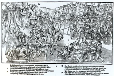 Den irländske hövdingen får prästens välsignelse innan han ger sig av för att slåss mot engelsmännen, som visas i full rustning, tavla 4 från "The Image of Ireland" av John Derricke, 1581.
