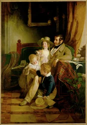 Rudolf von Arthaber och hans barn Rudolf Emilie och Gustav, tittar på bilden av sin döda fru och mor ... (målning på duk)