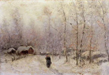 Kvinna med barn i vinterlandskap (olja på duk)