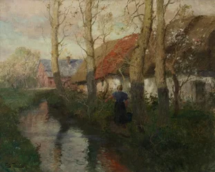 En flod i Normandie med en kvinna som bär vatten