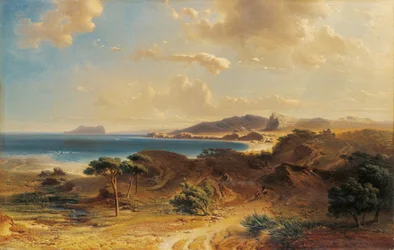 Stranden vid Estepona med utsikt över Gibraltarklippan - Bamberger, Fritz (Friedrich) (1814-1873) - 1855 - Olja på duk - 73x112,7 - Museo Carmen Thyssen, Malaga