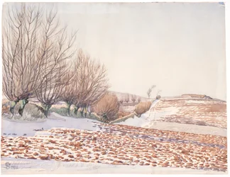 Landskap med pilträd och plöjt fält i snö