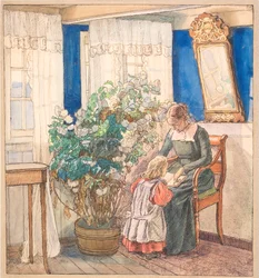 Mor och barn tittar på bilder (Anna och Hans Syberg)
