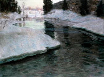 Isens avsmältning: Lysakerfloden. Målning av Fritz Thaulow (1847-1906). Pastell på duk. Privat samling.