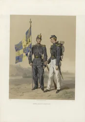 Illustrasjon hentet fra boken Svenska och norska arméerna, samt flottorna i deras nuvarande uniformering av Dardel, Fritz von og utgitt av Bonnier (se, 1863)