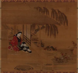 Trädgård, interiör och sittande flicka, Edo-perioden, 1615-1868.