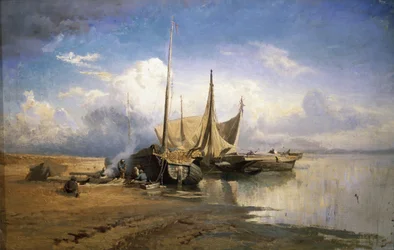 Utsikt över Volga. Båtar, 1870