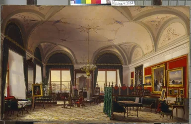 Storhertiginnan Olga Nikolaevnas kontor (1822-1895) i Vinterpalatset i Sankt Petersburg. (Studien av storhertiginnan Olga Nikolaevna av Ryssland i vinterpalatset). Målning av Fjodor Osipovich Jusjkov (1819-1876), olja på duk