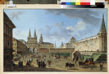 Moskva, utsikt över uppståndelsesporten vid Röda torget. Målning av Fjodor Yakovlevich Alexeev (1753-1824). Akvarell och gouache på papper, 58,2 x 91,2 cm, ca 1801. Rysk konst, klassicism. Museum av