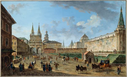Utsikt över uppståndelsesporten på Röda torget, Moskva, Ryssland, c1801