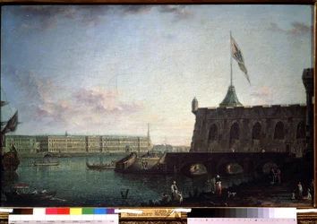 Utsikt från Peter och Paul-fästningen och palatsvallen i St Petersburg. Målning av Fjodor Yakovlevich Alexeev (1753-1824). Olja på duk, 71,5 x 109 cm