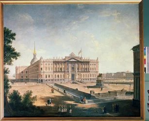 Utsikt över Michael Palace och torget i St Petersburg. Målning av Fjodor Yakovlevich Alexeev (1753-1824). Olja på duk