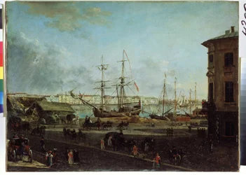 Vy över den engelska vallen från Vasilievsky island, Sankt Petersburg (Vy över den engelska vallen från Vasilievsky island). Målning av Fjodor Yakovlevich Alexeev (1753-1824). Olja på duk, 53 x 72,5 cm