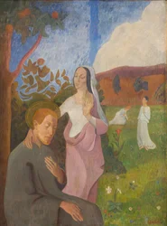 Dekorativ bild. Visionen av Saint Francis med de tre vita jungfrurna