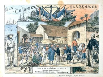 Skolbokomslag som visar scener i de franska kolonierna Senegal och Sudan, slutet av 1800-talet (färg litho)