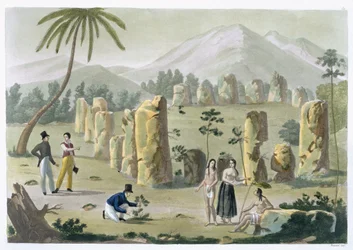 "House of the Ancients", ön Tinian, tavla 31 från "Le Costume Ancien et Moderne" av Jules Ferrario, publicerad på 1820-30-talen (se även 206893).