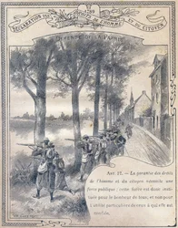 1789: Förklaring om människors och medborgares rättigheter: Fosterlandets försvar. Gravyr i "Den unika boken om etik och medborgerlig undervisning, avsedd för elever i de tre kurserna i grundskolan och de i grundklasserna på Lycees and Colleges, D