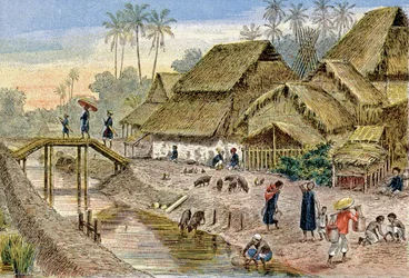 En annamesisk by, Franska Indokina, ca 1900 (illustration)