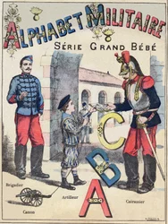 Omslag till "Military Alphabet", Grand-Bebe-serien. Gravyr. Pont-a-Mousson avbildning. Louis Vagne, tryckare-förlag, ca 1900. Illustrationer av G. Dascher. 20 sidor. Mått: 31,5x24,5cm