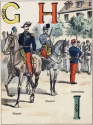 Tusi G H I: General, Hussard ma le Faiaoga. Tusia i le "Alphabet militaire", Grand-Bebe faasologa. togitogiga. Pont-a-Mousson ata. Louis Vagne, Lomitusi-Lomitusi, pe tusa o le 1900. Ata na tusia e G. Dascher. 20 itulau. Fufulu: 31,5x24,5cmswed