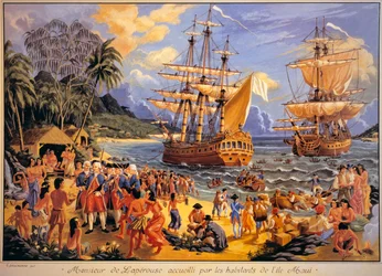 Jean Francois Galaup de Laperouse välkomnas av invånarna på Mawee Island på Sandwichöarna i Stilla havet (färg litho)