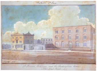 St Saviours arbetshus och Rockingham Arms Inn, New Kent Road, Southwark, London, 1825