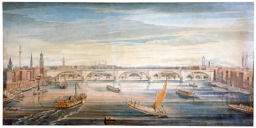 Utsikt över den nya London Bridge från väster, med båtar och pråmar på Themsen, 1831.