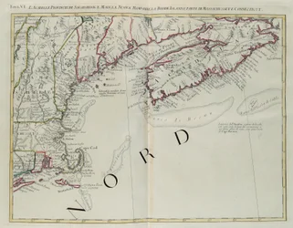 Acadia, provinserna Sagadahoc och Maine, New Hampshire, Rhode Island och en del av Massachusetts och Connecticut, gravyr av G. Zuliani hämtad från Tome I av "Newest Atlas" publicerad i Venedig 1778 av Antonio Zatta, Privat samling