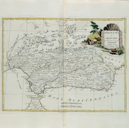Andalusien och Granada, gravyr av G. Zuliani hämtad från Tome I of the Newest Atlas publicerad i Venedig 1776 av Antonio Zatta, Privat samling